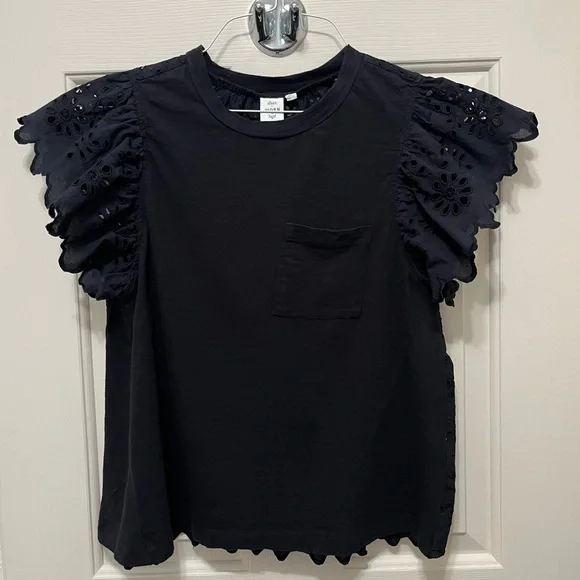 Anthropologie Seen Worn Kept Flutter Eyelet Black Top - Picture 3 of 15